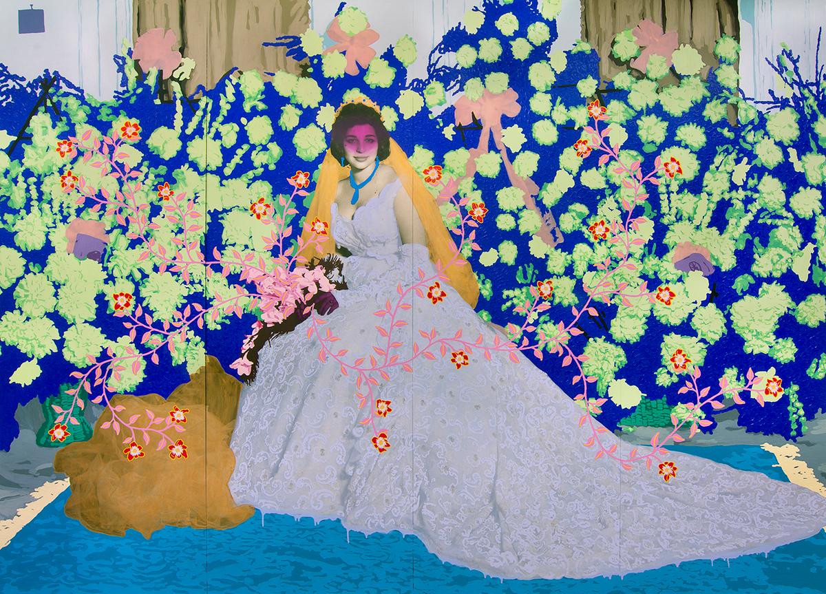 Daisy Patton, Untitled (Seated Woman with Purple Clouds and Blue Vine with White Flowers), 2021. Oil on archival print on panel. Photo from Nigeria sourced in the United Kingdom